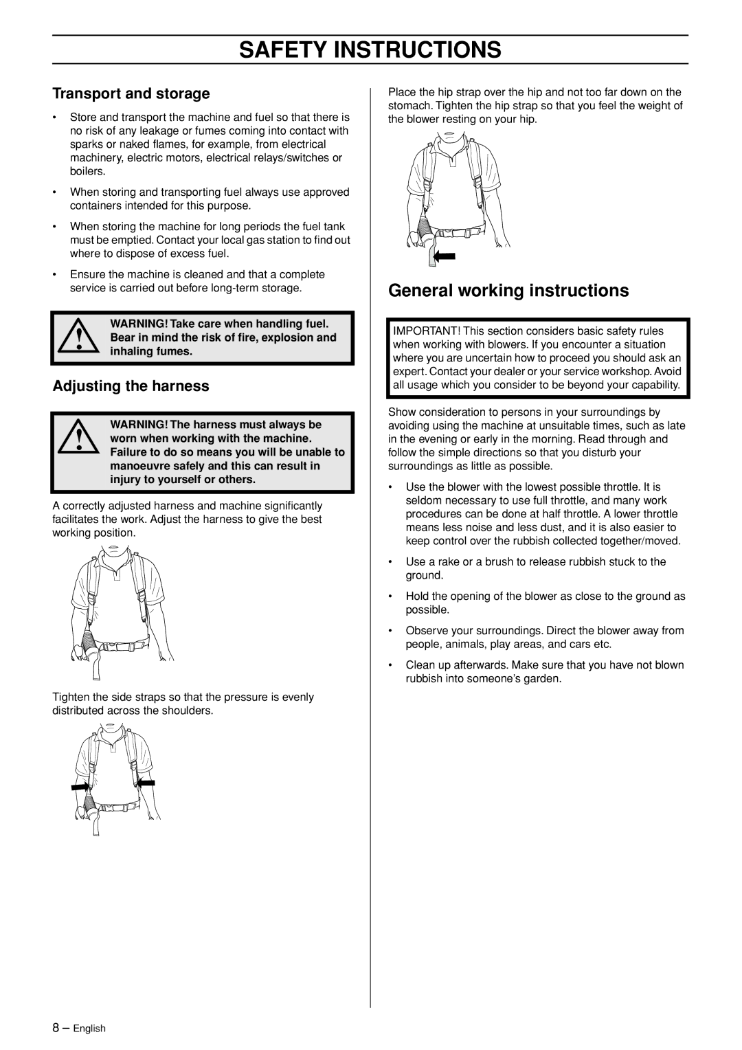 Husqvarna 356BFX manual General working instructions, Transport and storage, Adjusting the harness 