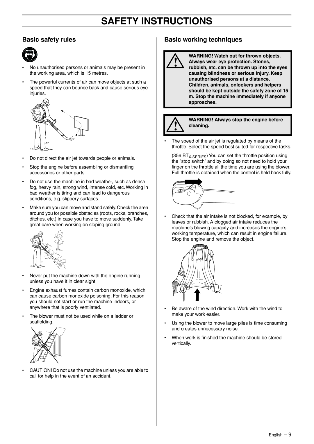 Husqvarna 356BFX manual Basic safety rules, Basic working techniques 