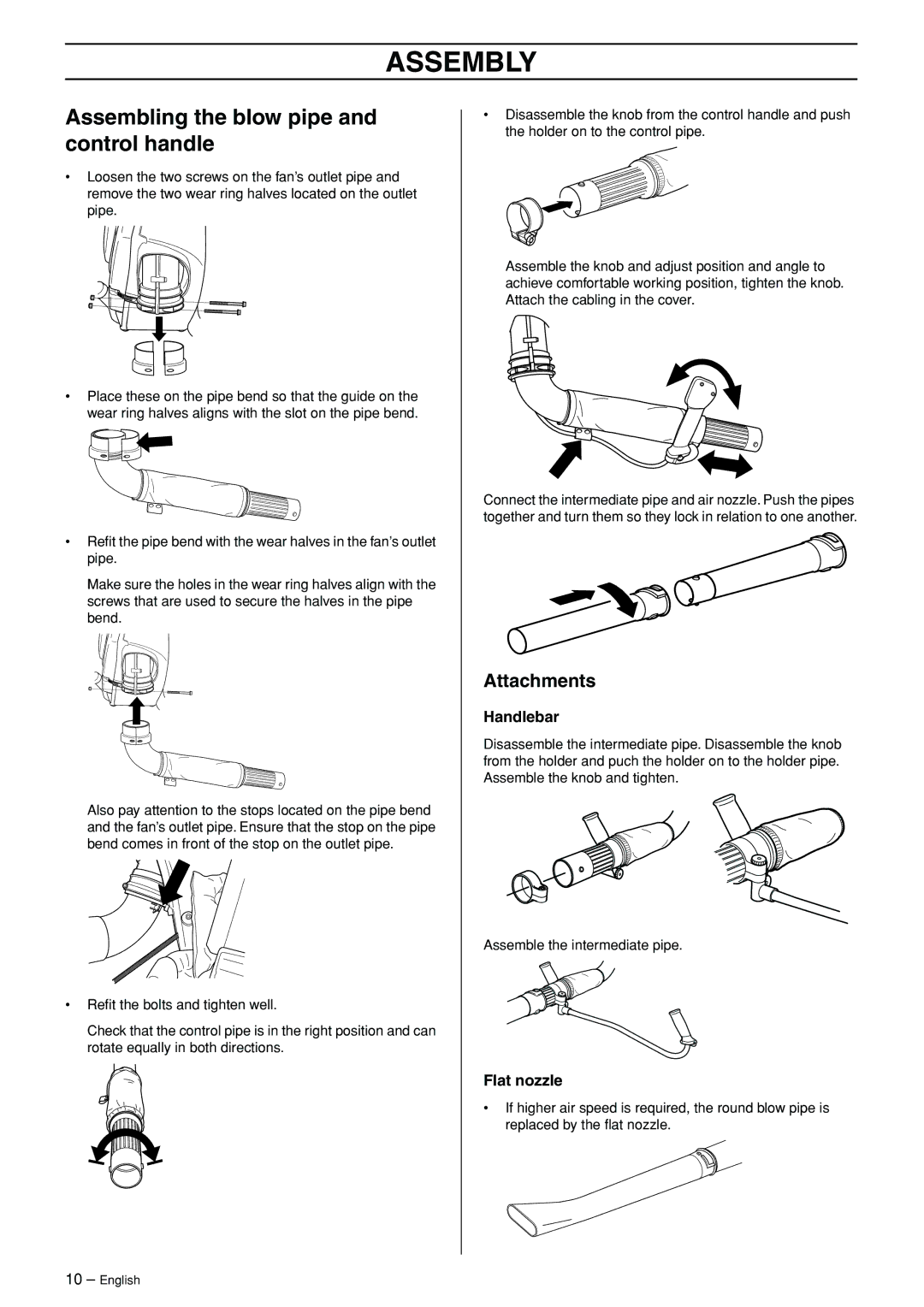 Husqvarna 356BT manual Assembly, Assembling the blow pipe and control handle, Attachments 