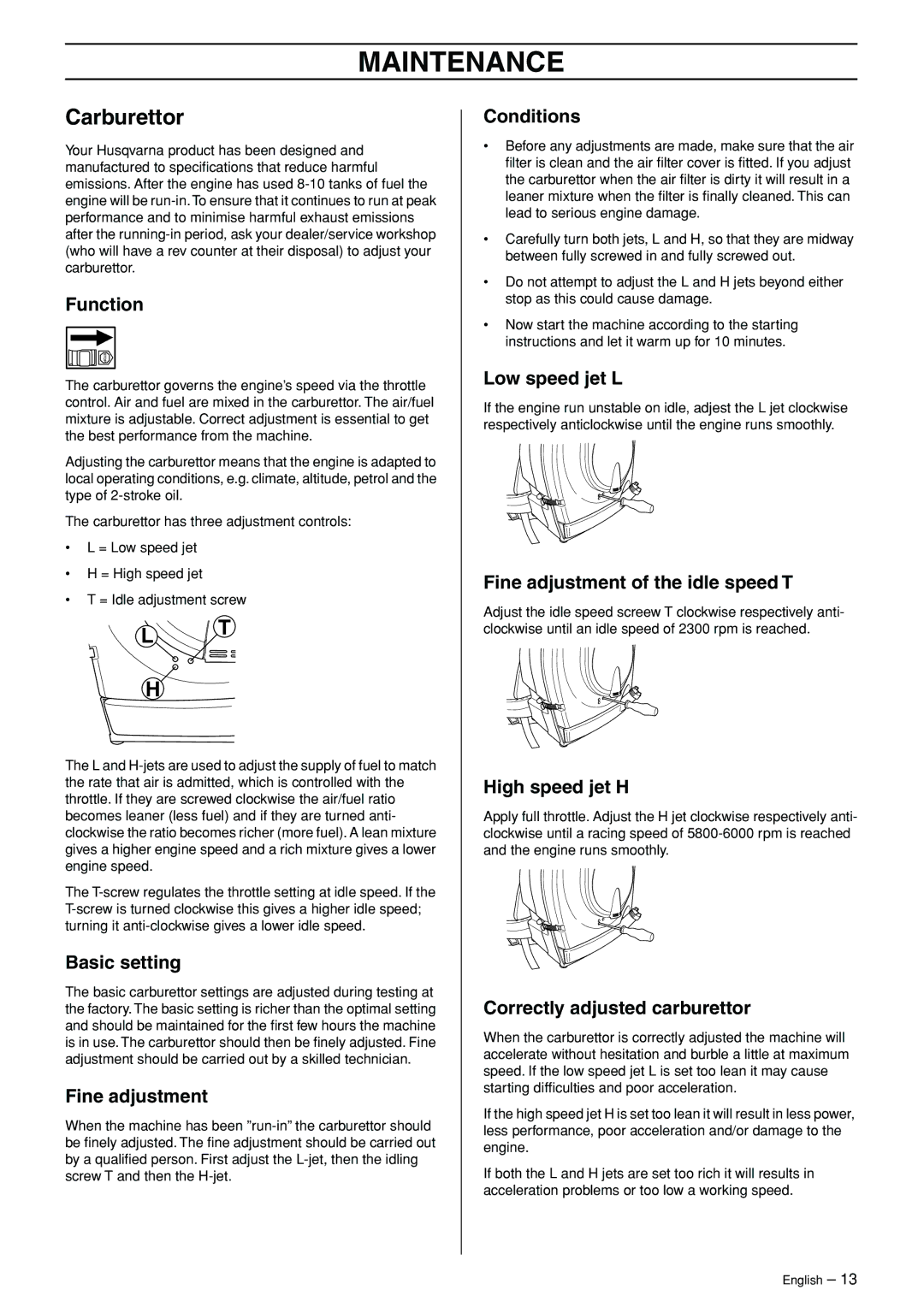 Husqvarna 356BT manual Maintenance, Carburettor 