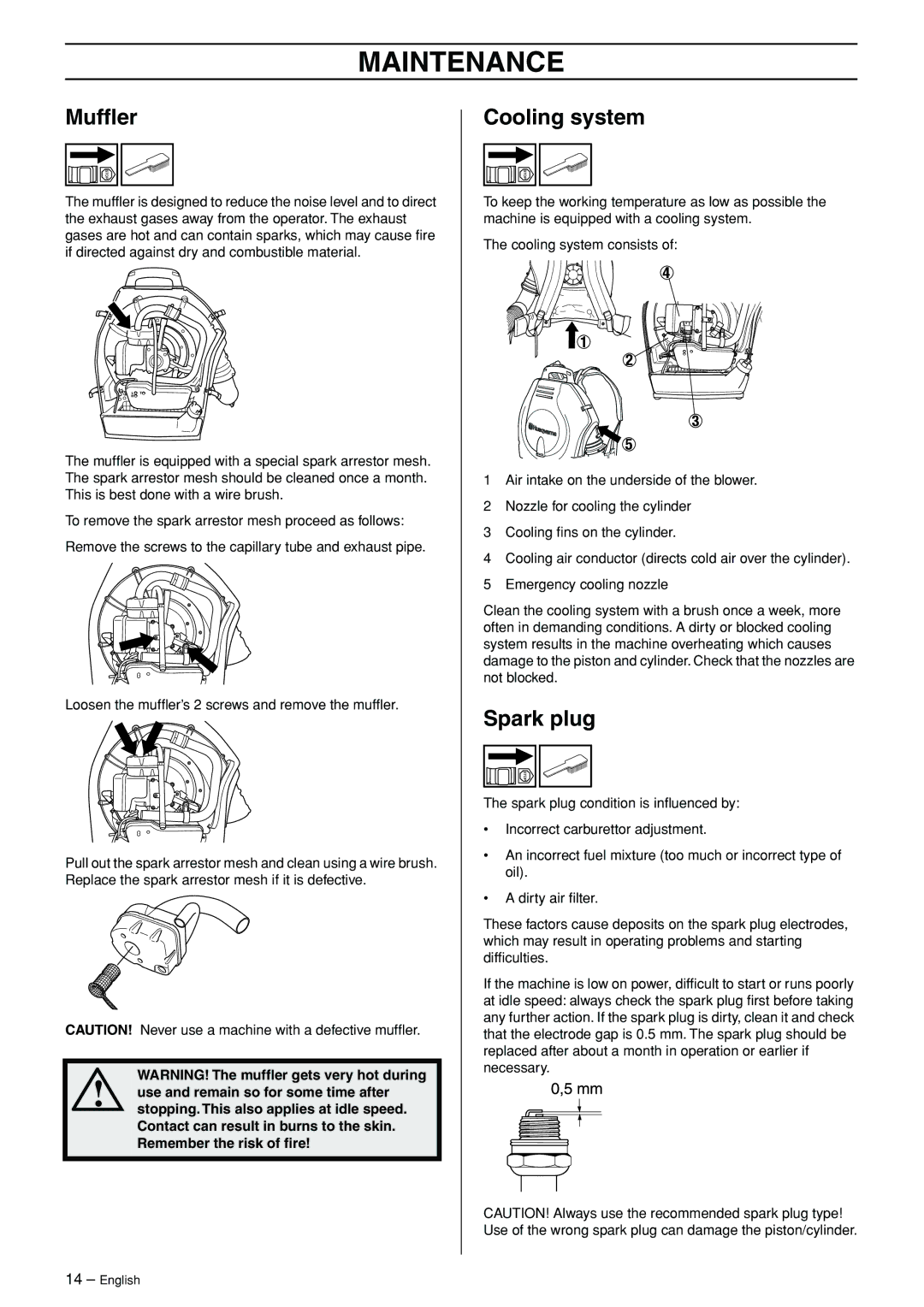 Husqvarna 356BT manual Mufﬂer, Cooling system, Spark plug 