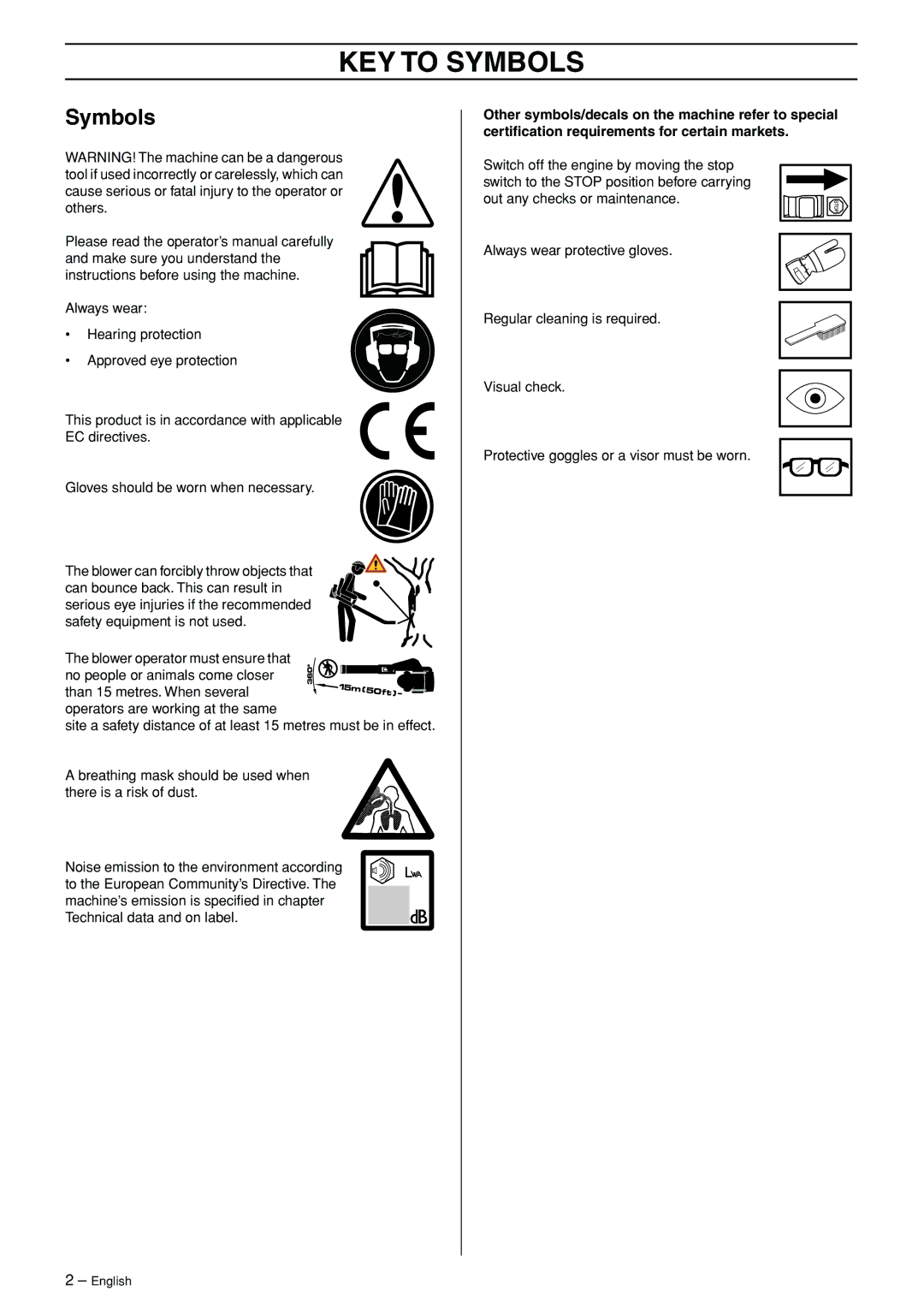 Husqvarna 356BT manual KEY to Symbols 