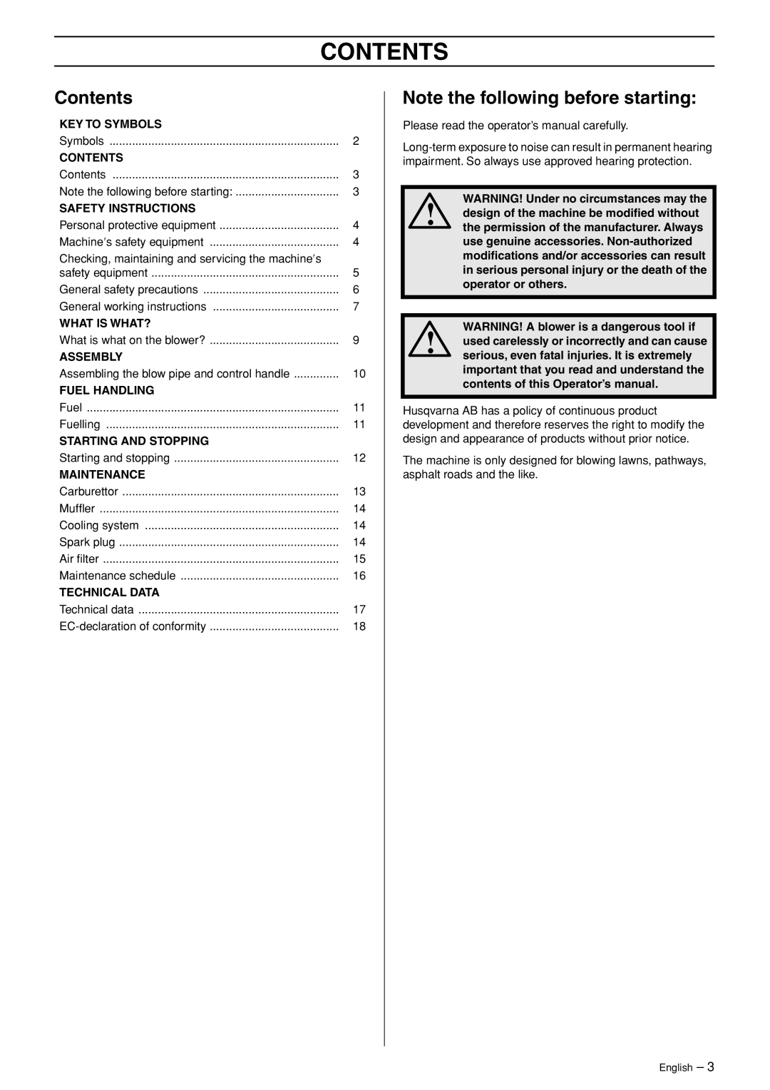 Husqvarna 356BT manual Contents 