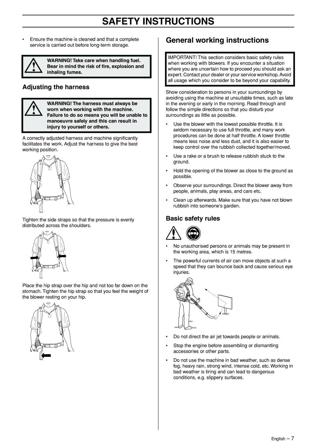 Husqvarna 356BT manual General working instructions, Adjusting the harness, Basic safety rules 