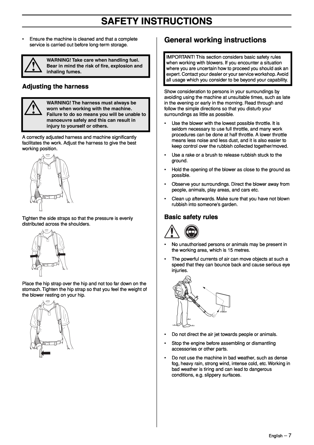 Husqvarna 356BT manual General working instructions, Adjusting the harness, Basic safety rules, Safety Instructions 