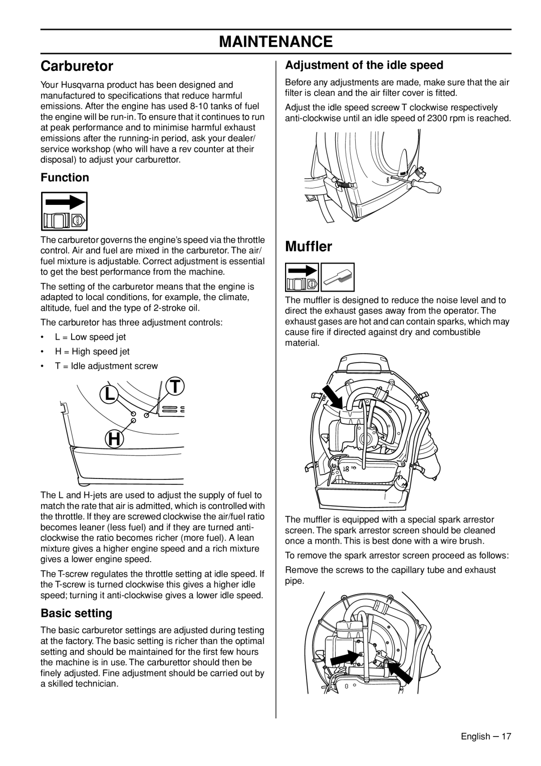 Husqvarna 356BTX manual Maintenance, Carburetor, Mufﬂer 