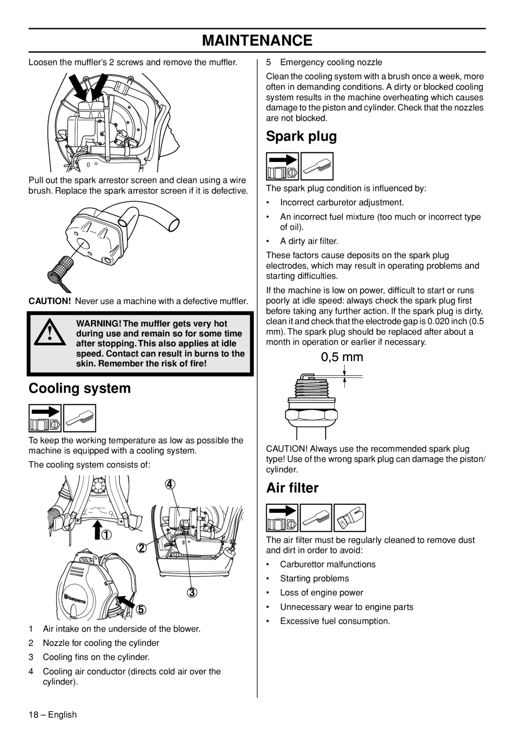 Husqvarna 356BTX manual Cooling system, Spark plug, Air ﬁlter 