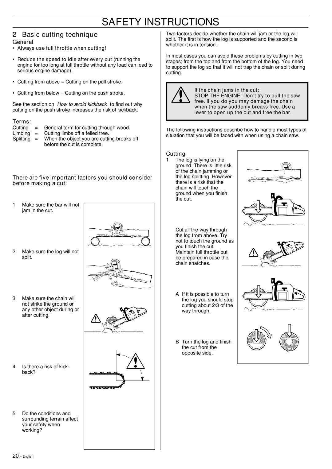 Husqvarna 357XP, 359 manual Basic cutting technique, General, Terms, Cutting 