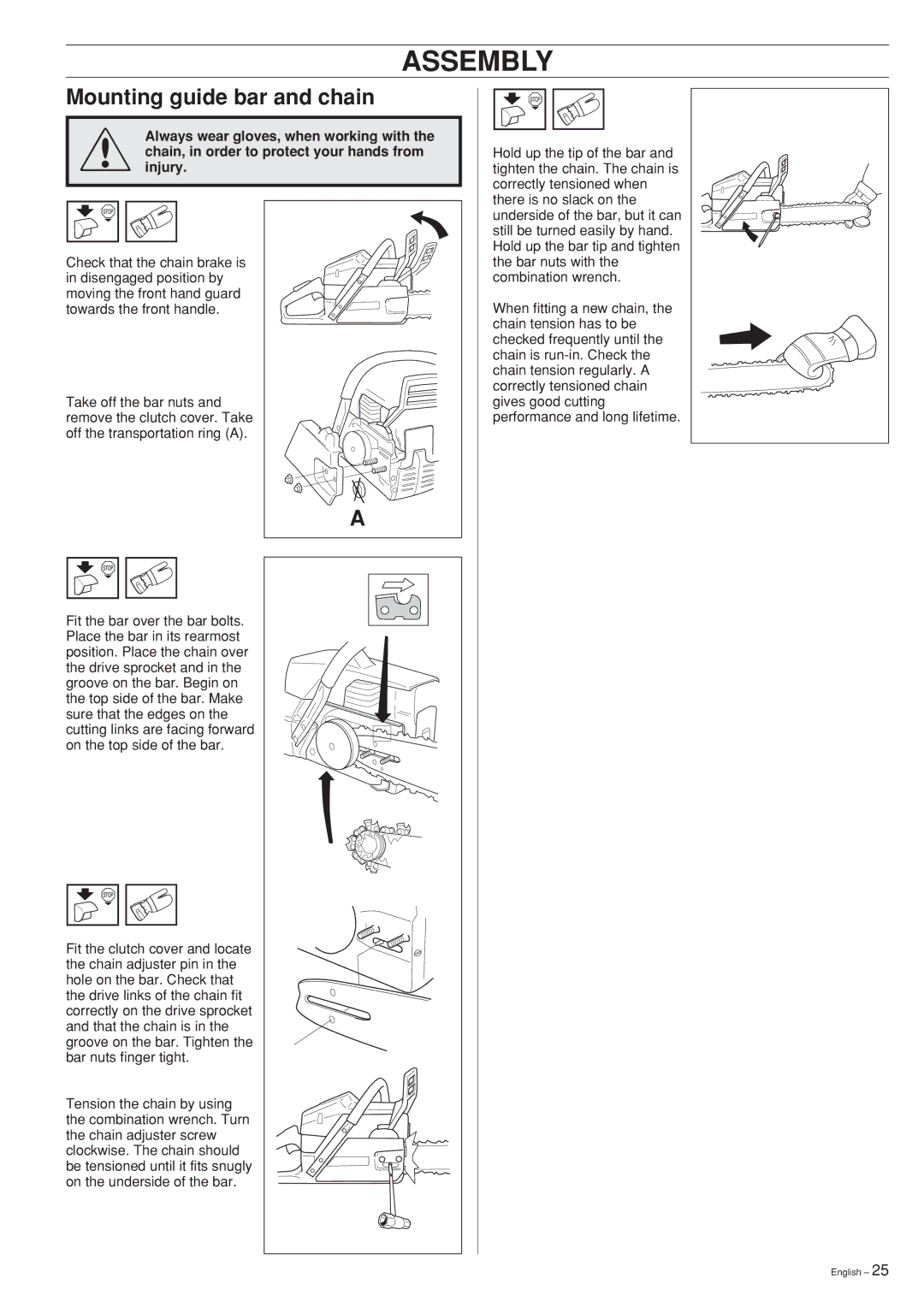 Husqvarna 359, 357XP manual Assembly, Mounting guide bar and chain 