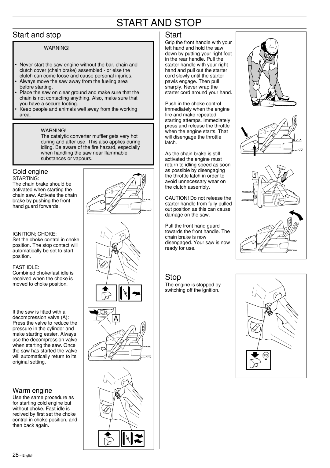 Husqvarna 357XP, 359 manual Start and Stop, Start and stop 