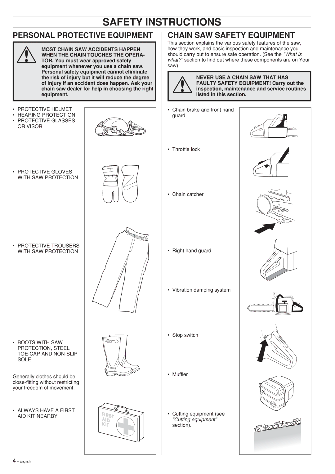 Husqvarna 357XP, 359 manual Safety Instructions, Chain SAW Safety Equipment 