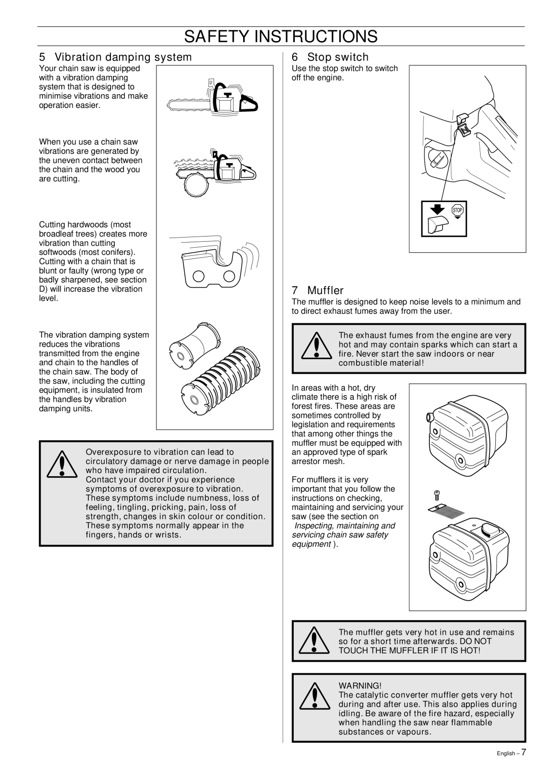 Husqvarna 359, 357XP manual Vibration damping system, Stop switch, Muffler 