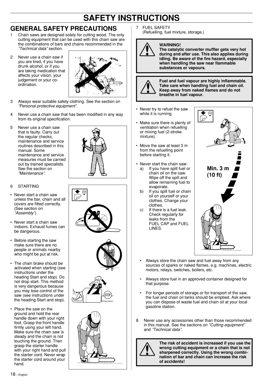 Husqvarna 357XP, 359 manual General Safety Precautions, Min. 3 m, 10 ft, Safety Instructions 