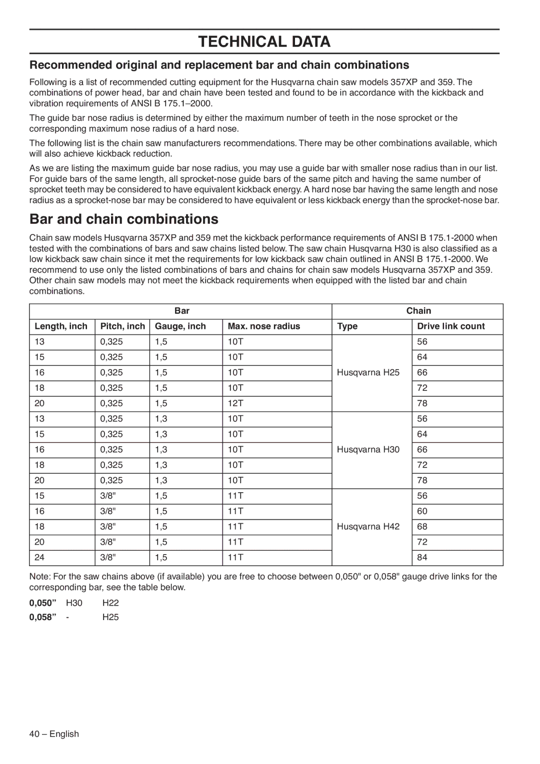 Husqvarna 359 EPA III, 1151436-95 manual Bar and chain combinations, 050, 058 