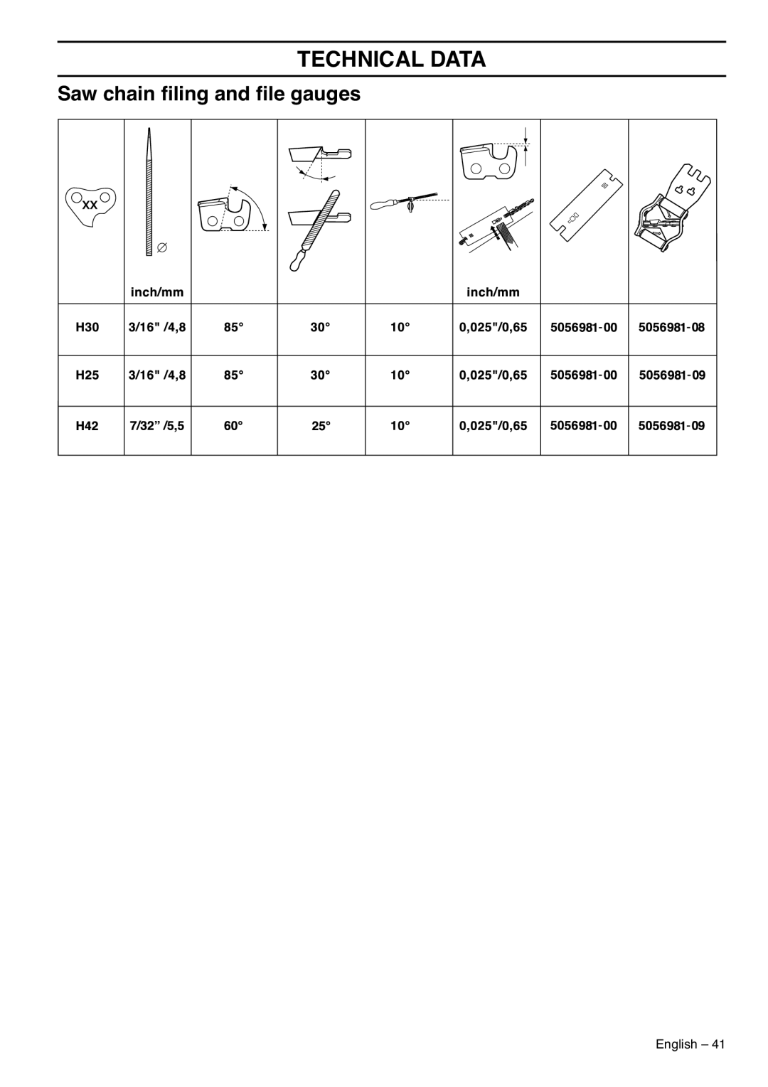 Husqvarna 1151436-95, 359 EPA III manual Saw chain ﬁling and ﬁle gauges 