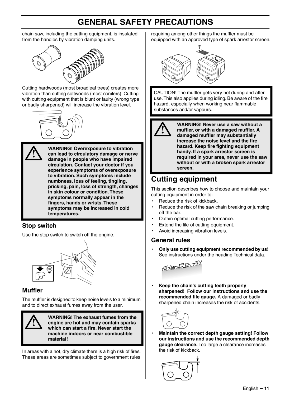 Husqvarna 1151436-95, 359 EPA III manual Cutting equipment, Stop switch, Mufﬂer, General rules, General Safety Precautions 