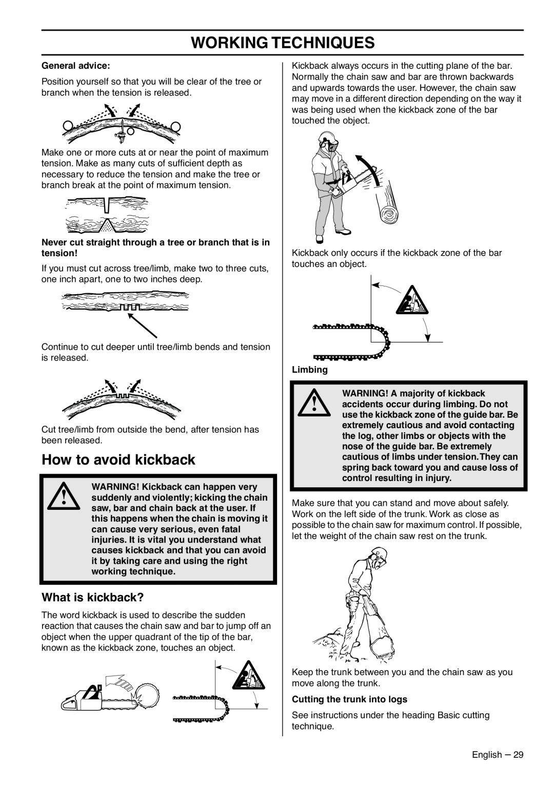 Husqvarna 1151436-95, 359 EPA III manual How to avoid kickback, What is kickback?, Working Techniques 
