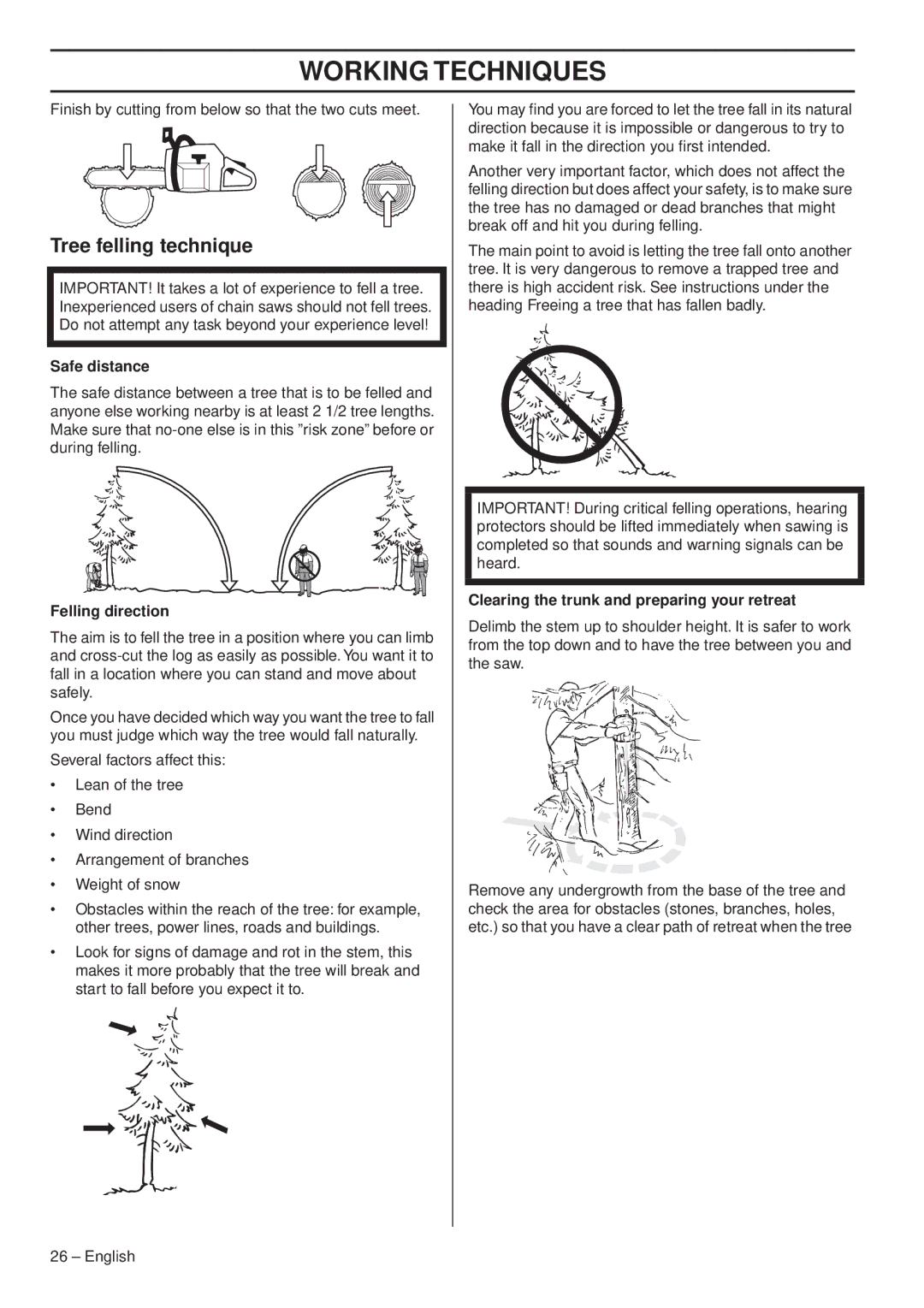 Husqvarna 357XP E-tech, 359G E-tech, 357XP/XPG, 357XPG E-tech, 359/G Tree felling technique, Safe distance, Felling direction 