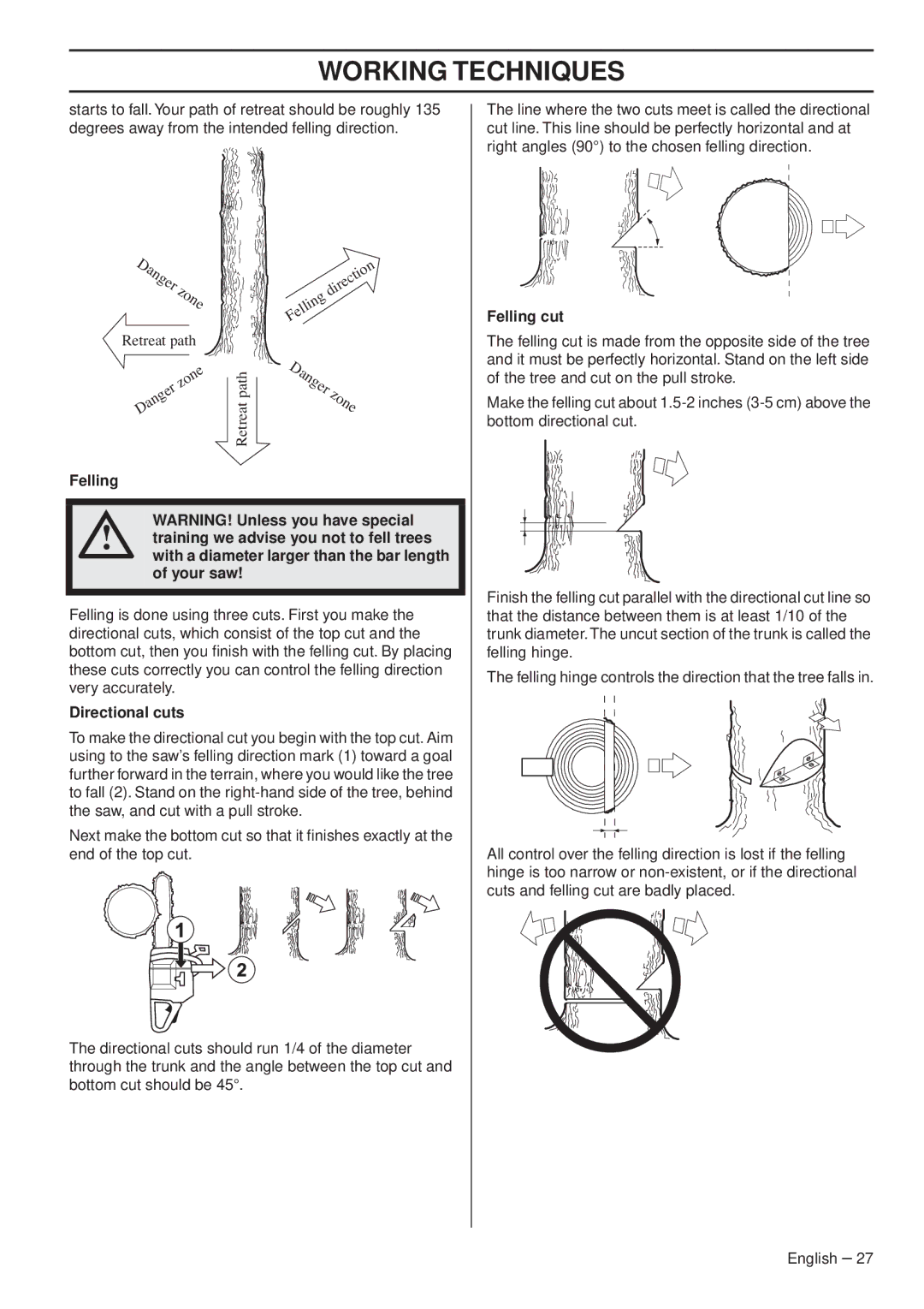 Husqvarna 357XPG E-tech, 359G E-tech Training we advise you not to fell trees, Your saw, Directional cuts, Felling cut 