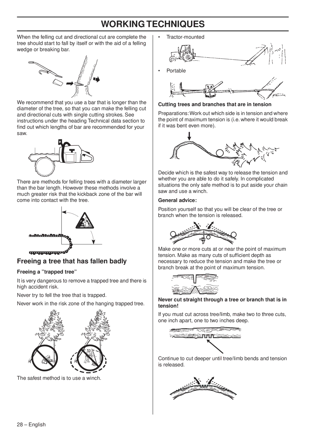 Husqvarna 359/G, 359G E-tech, 357XP/XPG manual Freeing a tree that has fallen badly, Freeing a trapped tree, General advice 