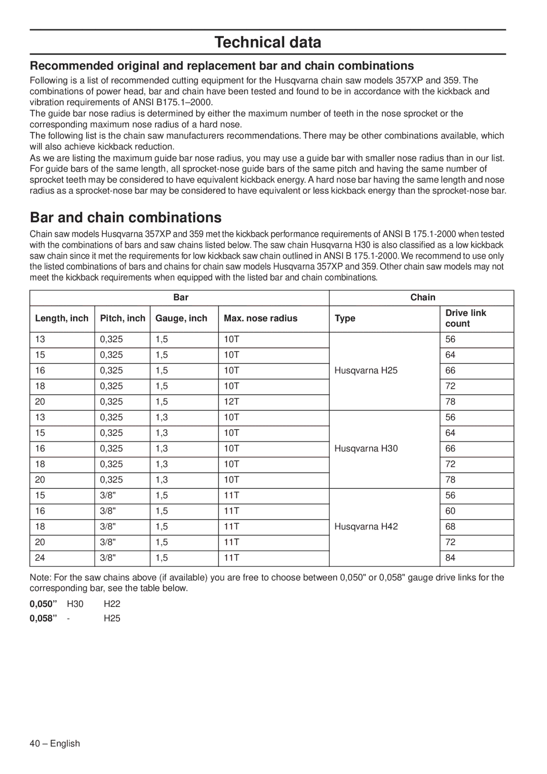 Husqvarna 359/G, 359G E-tech, 357XP/XPG, 357XP E-tech, 357XPG E-tech, 1153179-95 manual Bar and chain combinations, 050, 058 