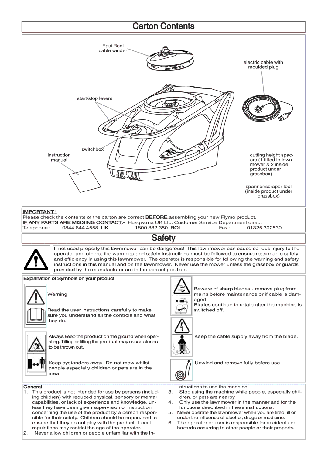 Husqvarna 360, 380 manual Carton Contents, Safety 