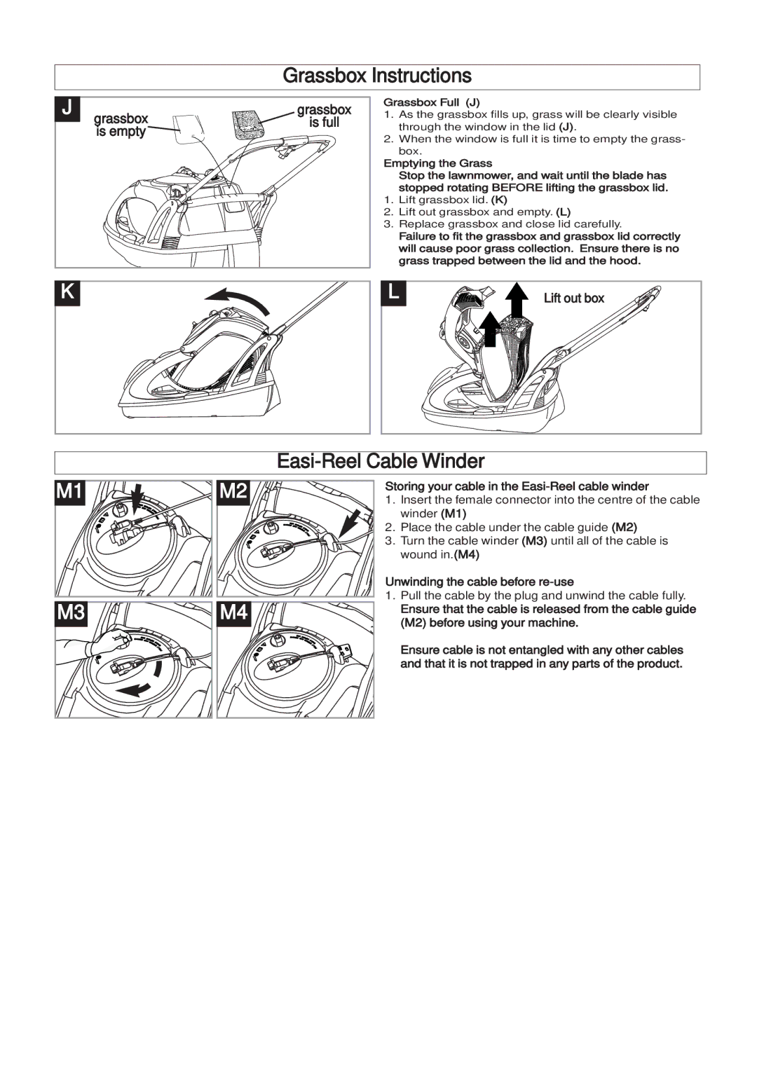 Husqvarna 380, 360 manual Grassbox Instructions, Easi-Reel Cable Winder, Grassbox Full J 