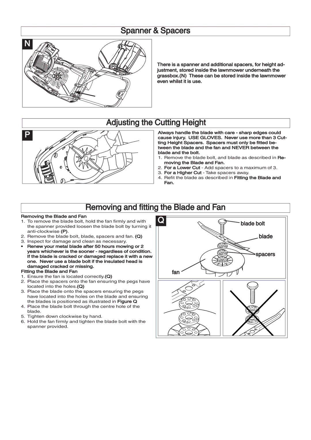 Husqvarna 360, 380 manual Spanner & Spacers, Adjusting the Cutting Height, Removing and fitting the Blade and Fan 