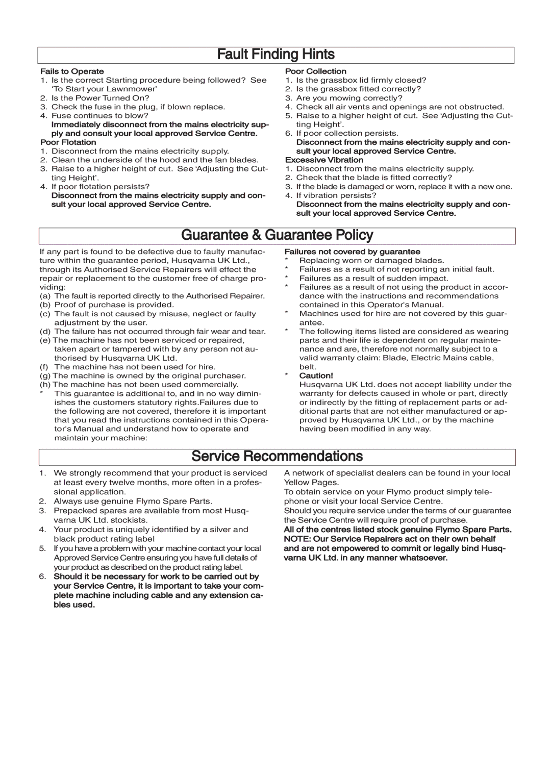 Husqvarna 360, 380 manual Fault Finding Hints, Guarantee & Guarantee Policy, Service Recommendations, Fails to Operate 