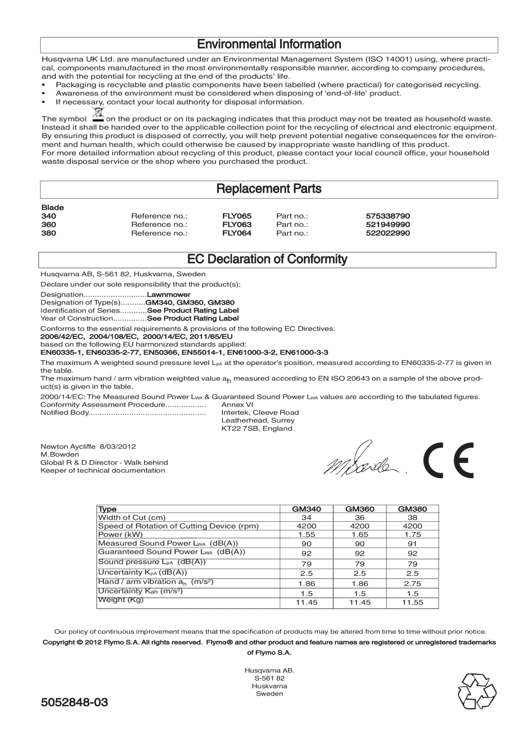 Husqvarna manual Blade 340, FLY065 575338790 360, FLY063 521949990 380, FLY064 522022990, Lawnmower, GM340, GM360, GM380 