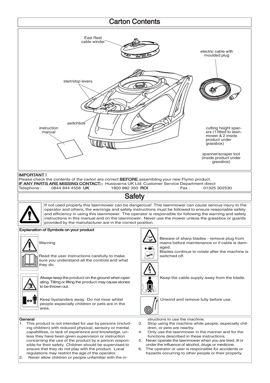 Husqvarna 360, 380 manual Carton Contents, Safety, Explanation of Symbols on your product, General 