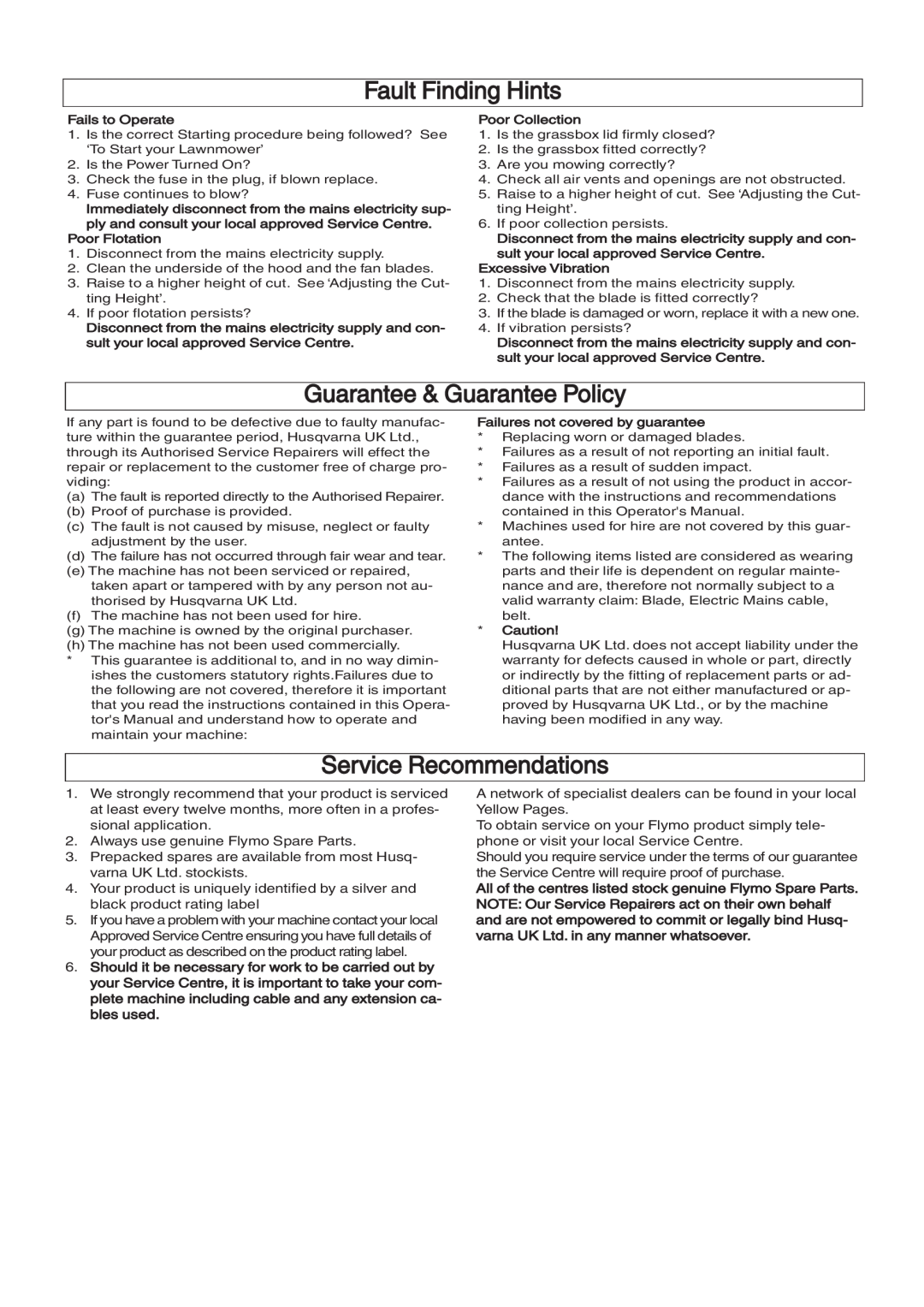 Husqvarna 360, 380 manual Fault Finding Hints, Guarantee & Guarantee Policy, Service Recommendations 
