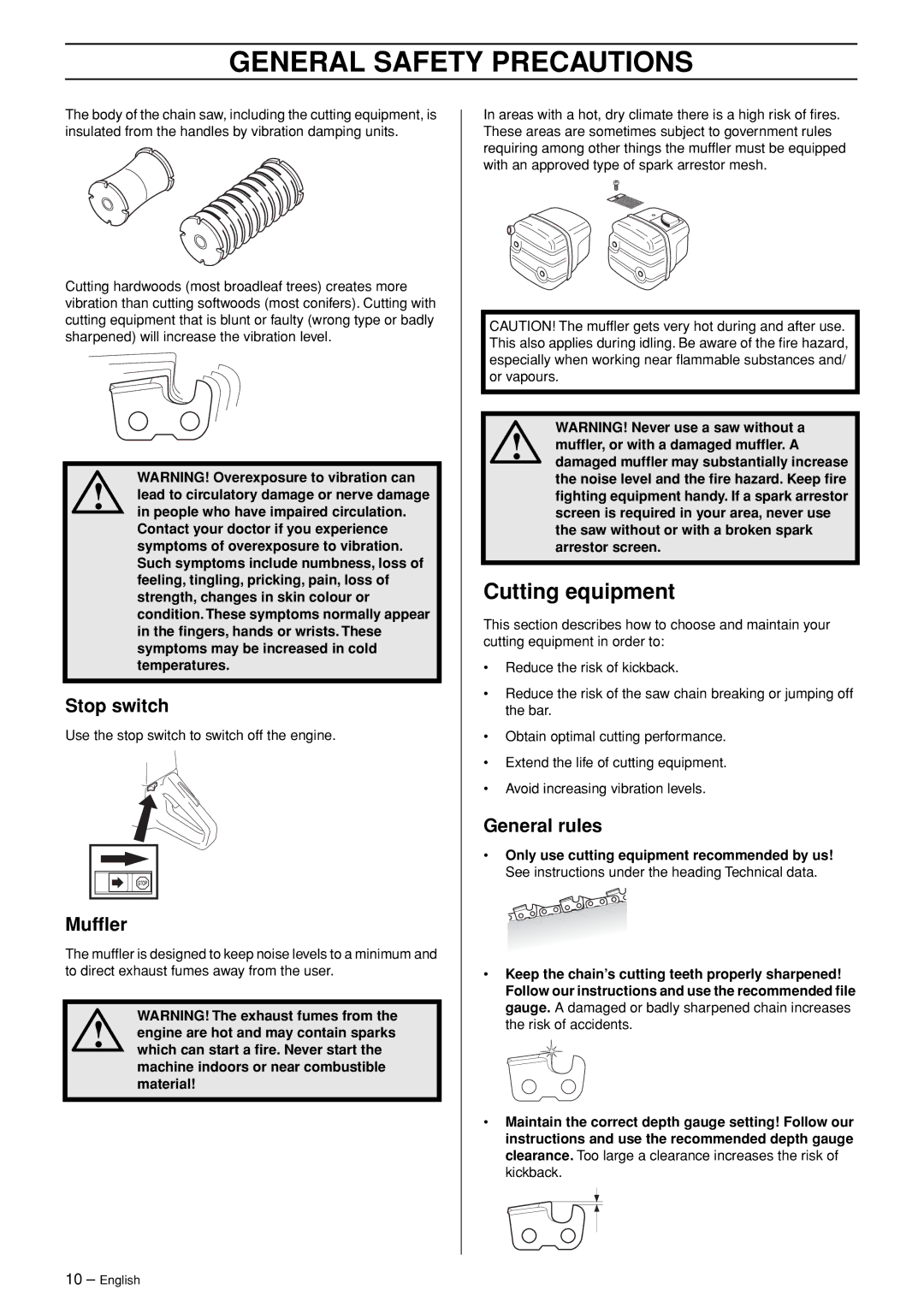 Husqvarna 362XP manual Cutting equipment, Stop switch, Mufﬂer, General rules 