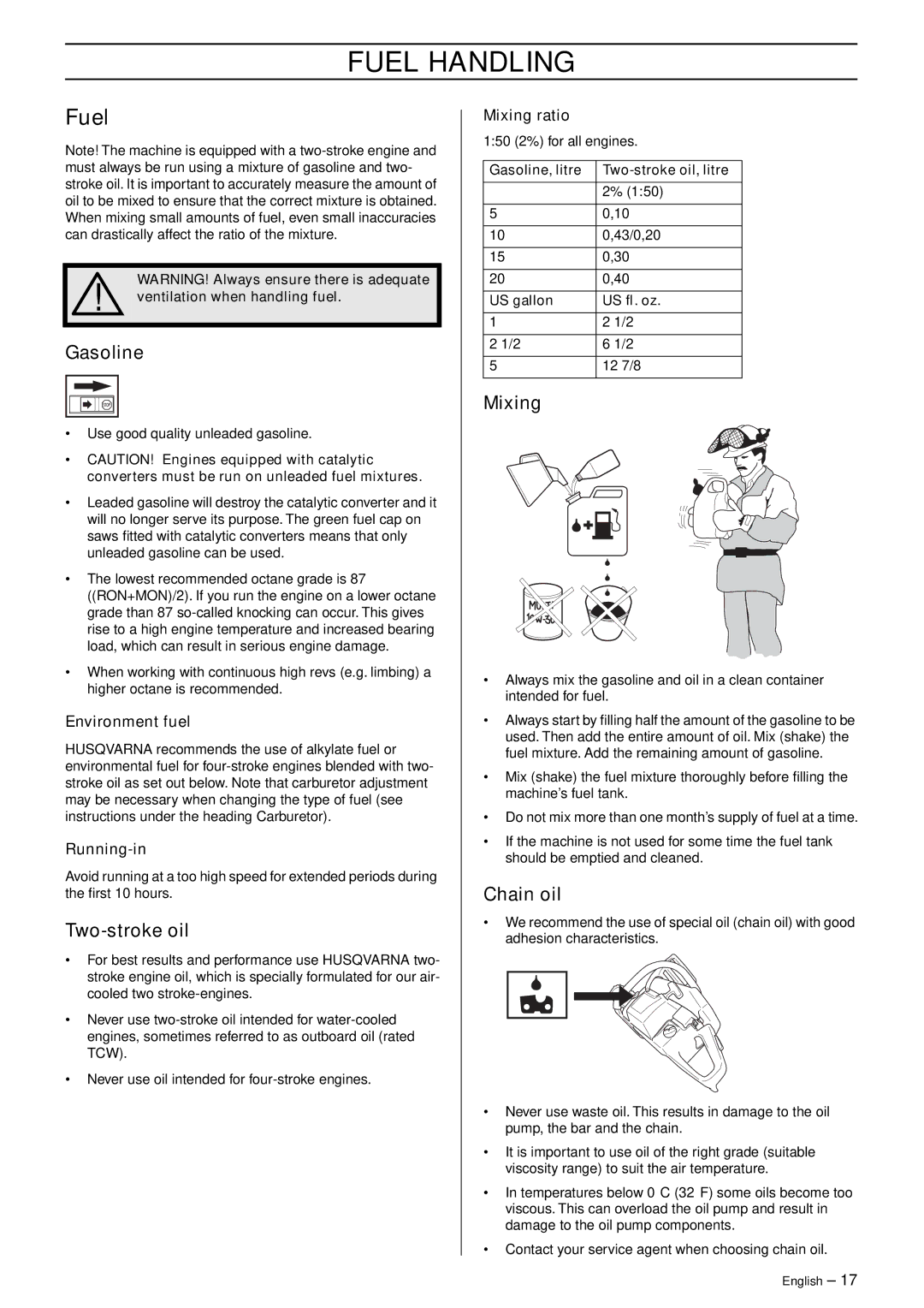 Husqvarna 362XP manual Fuel Handling 