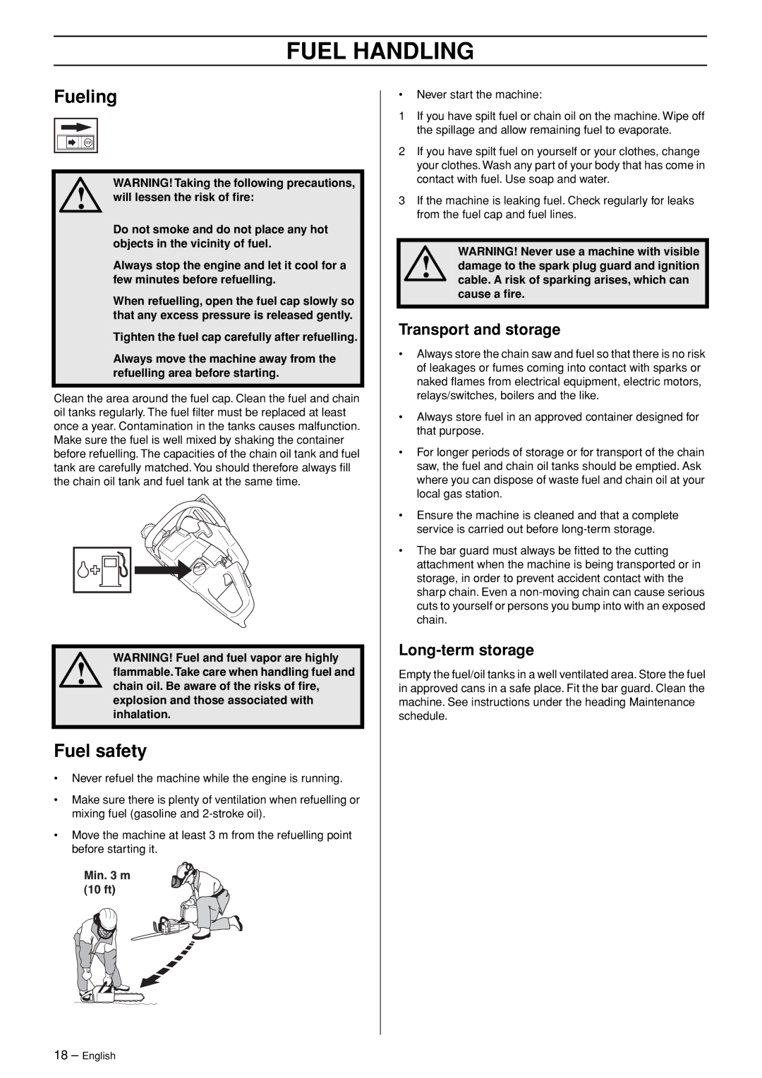 Husqvarna 362XP manual Fueling, Fuel safety, Transport and storage, Long-term storage 