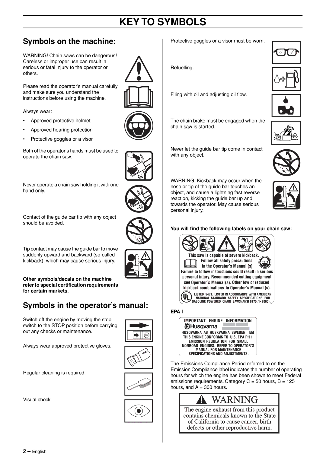 Husqvarna 362XP KEY to Symbols, Symbols on the machine, Symbols in the operator’s manual 