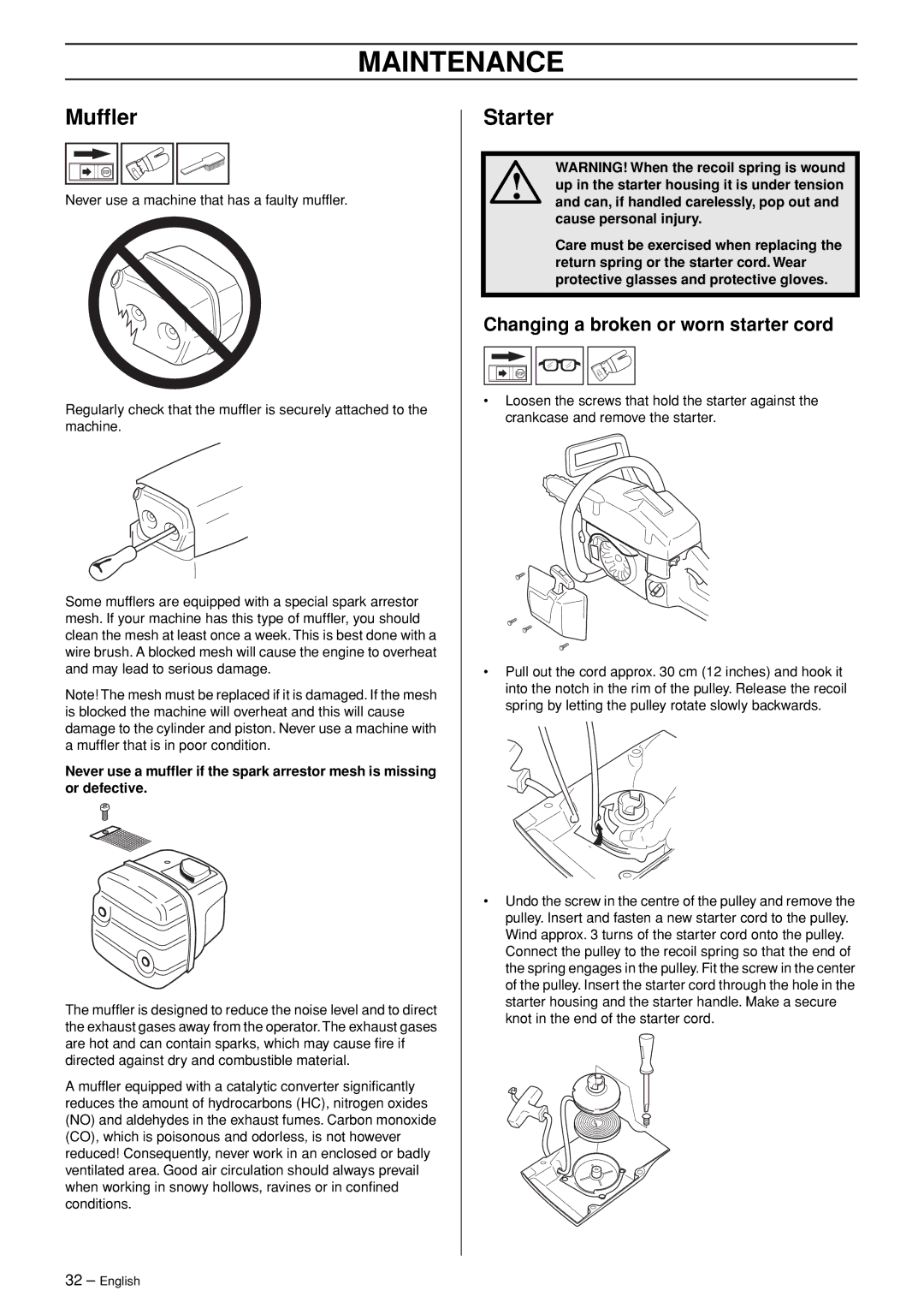 Husqvarna 362XP manual Mufﬂer, Starter, Changing a broken or worn starter cord 