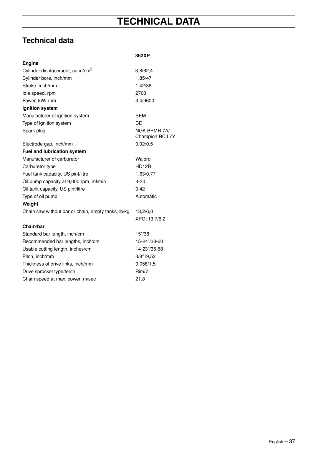 Husqvarna 362XP manual Technical Data, Technical data 