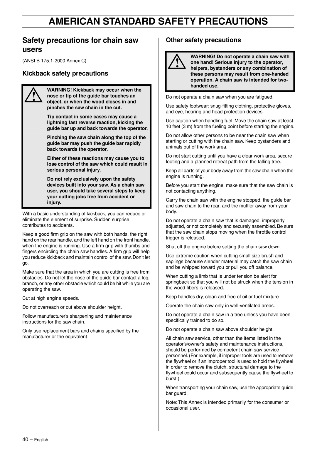 Husqvarna 362XP American Standard Safety Precautions, Safety precautions for chain saw users, Kickback safety precautions 