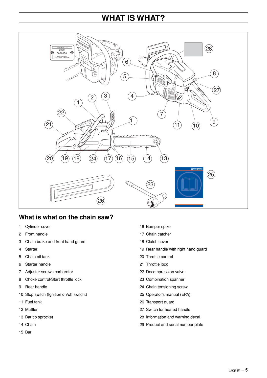 Husqvarna 362XP manual What is WHAT?, What is what on the chain saw? 