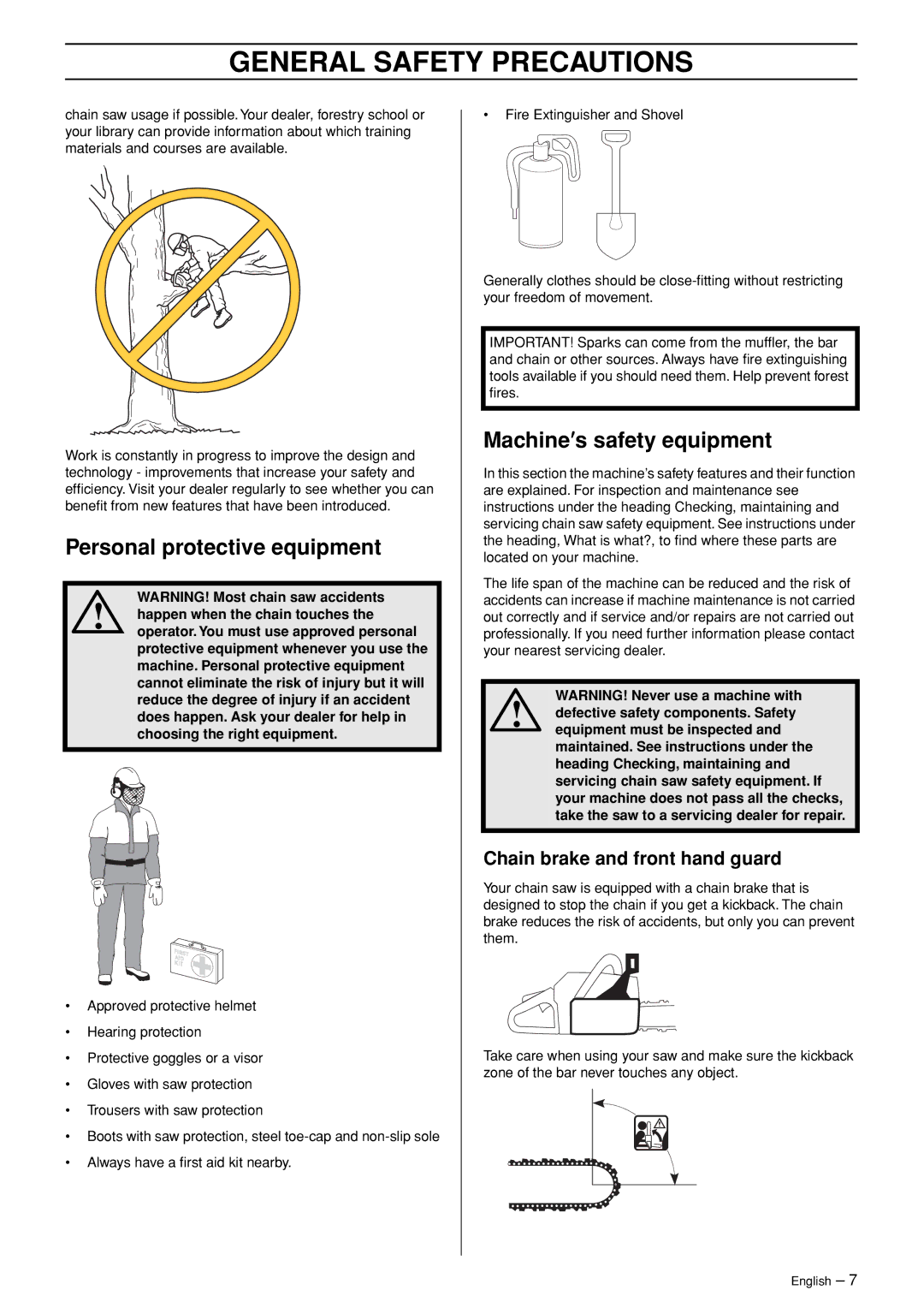 Husqvarna 362XP manual Personal protective equipment, Machine′s safety equipment, Chain brake and front hand guard 