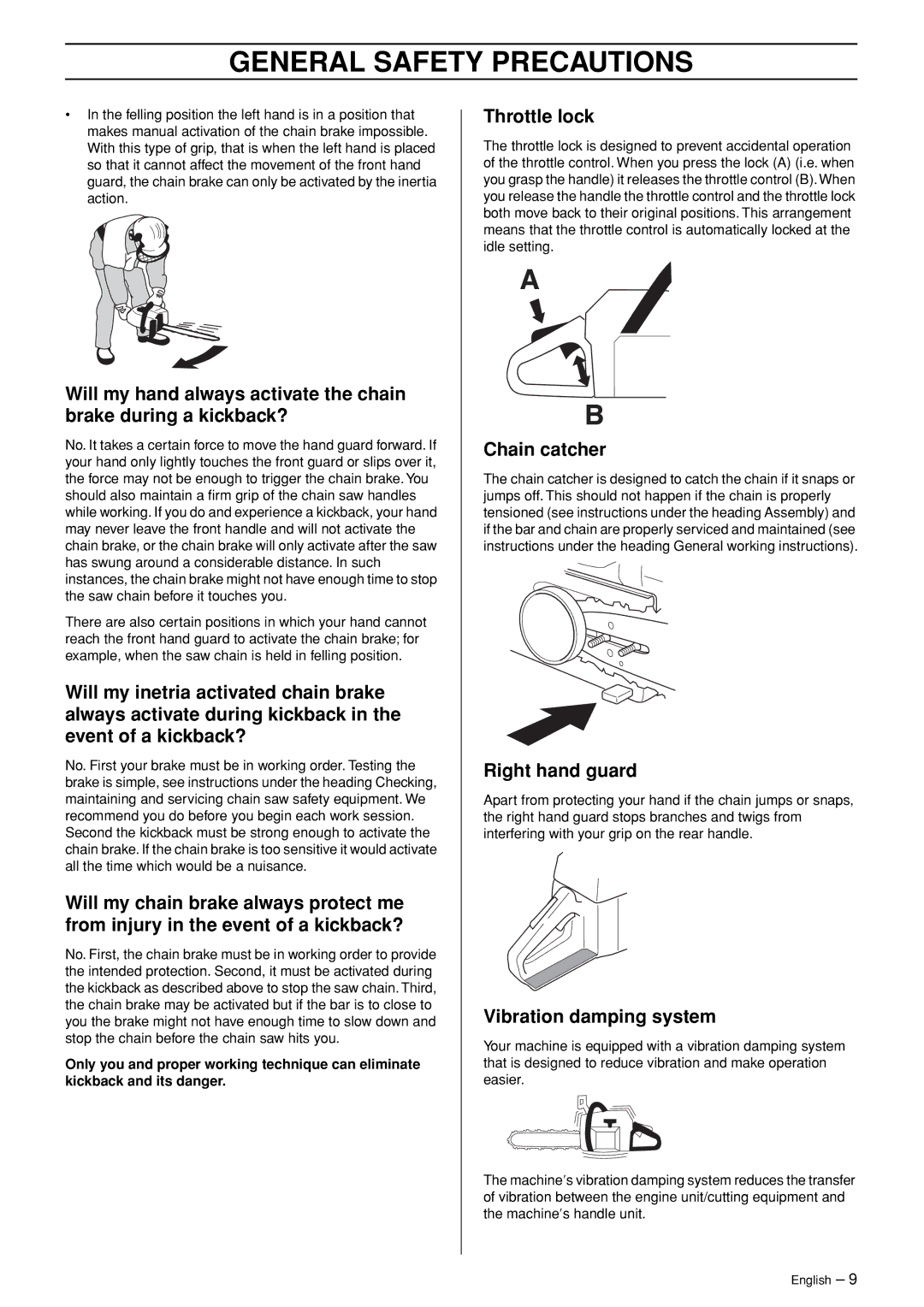 Husqvarna 362XP manual Throttle lock, Chain catcher, Right hand guard, Vibration damping system 