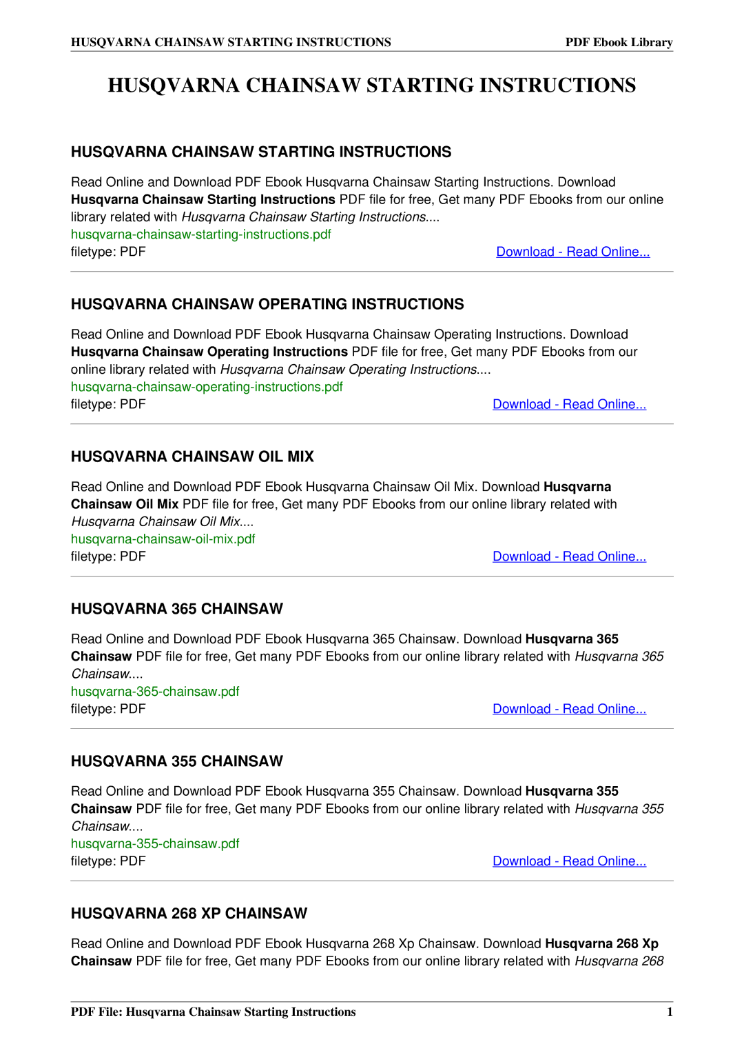 Husqvarna 355, 365, 268 XP operating instructions Husqvarna Chainsaw Starting Instructions 