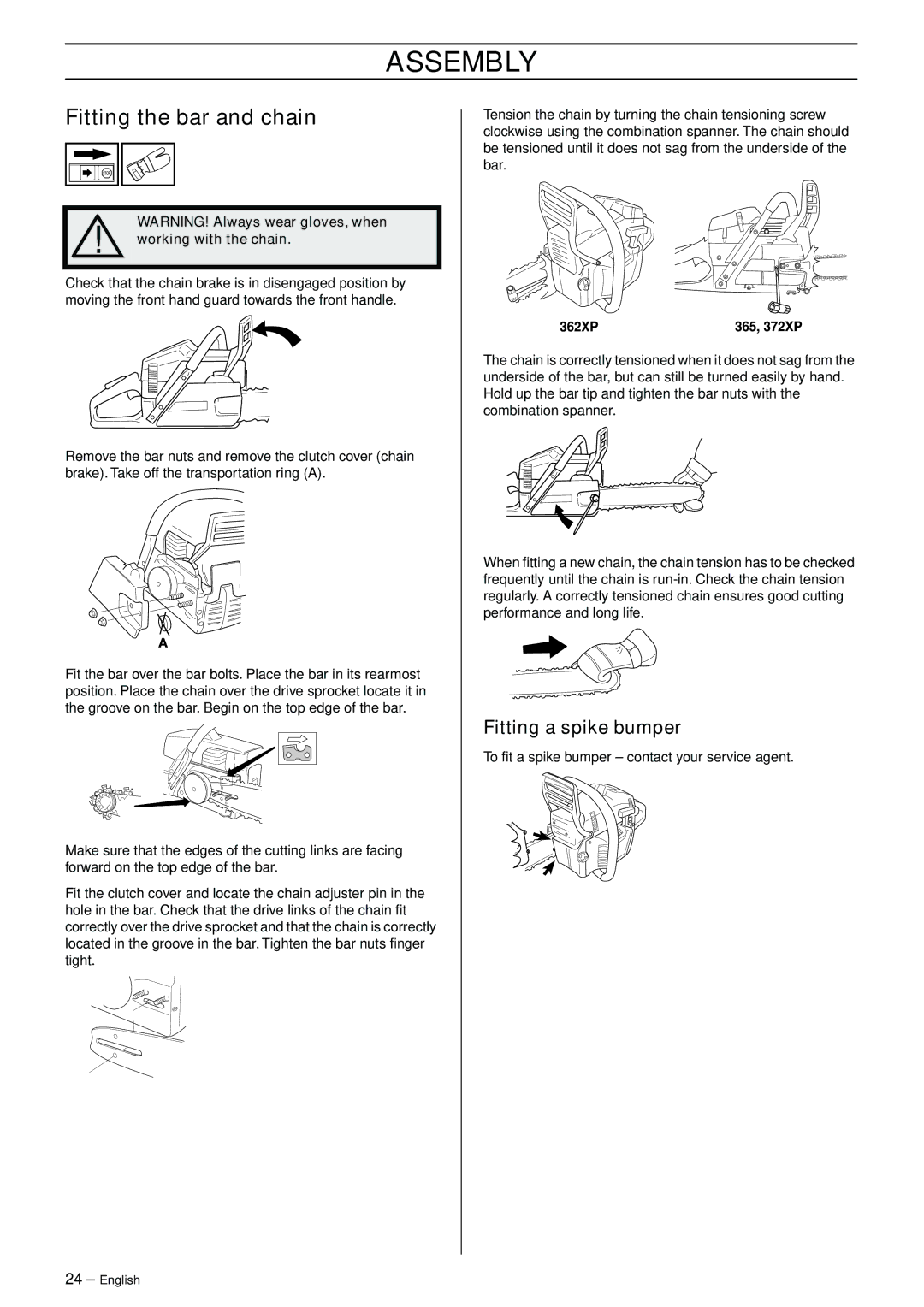 Husqvarna 365, 372XP manual Assembly, Fitting the bar and chain, Fitting a spike bumper, Working with the chain 