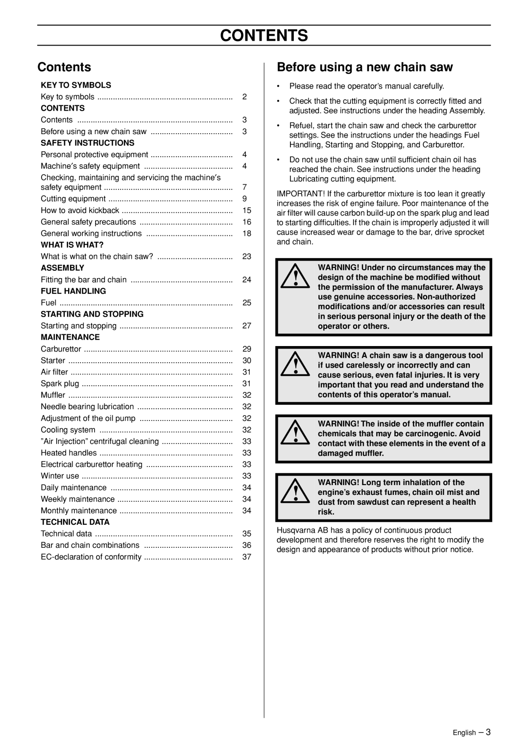 Husqvarna 372XP, 365 manual Contents 