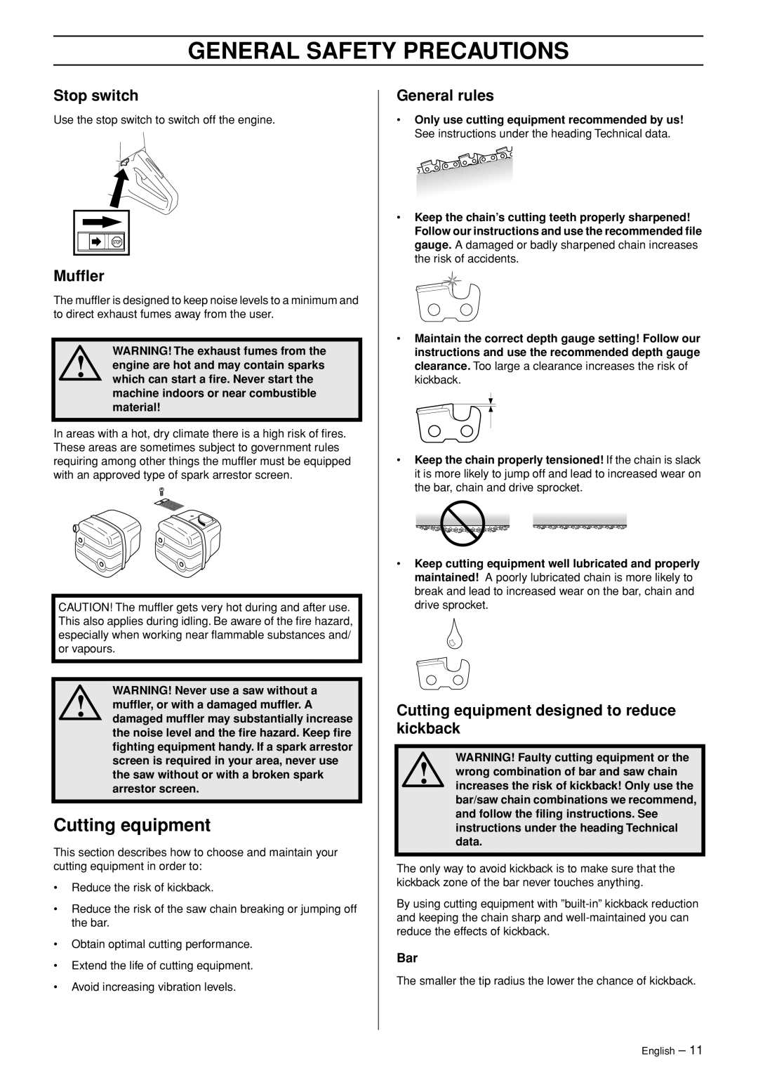 Husqvarna 372XP EPA II, 365 EPA I manual Cutting equipment, Stop switch, Mufﬂer, General rules 