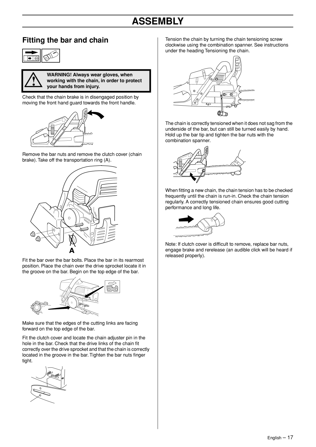 Husqvarna 372XP EPA II, 365 EPA I manual Assembly, Fitting the bar and chain 