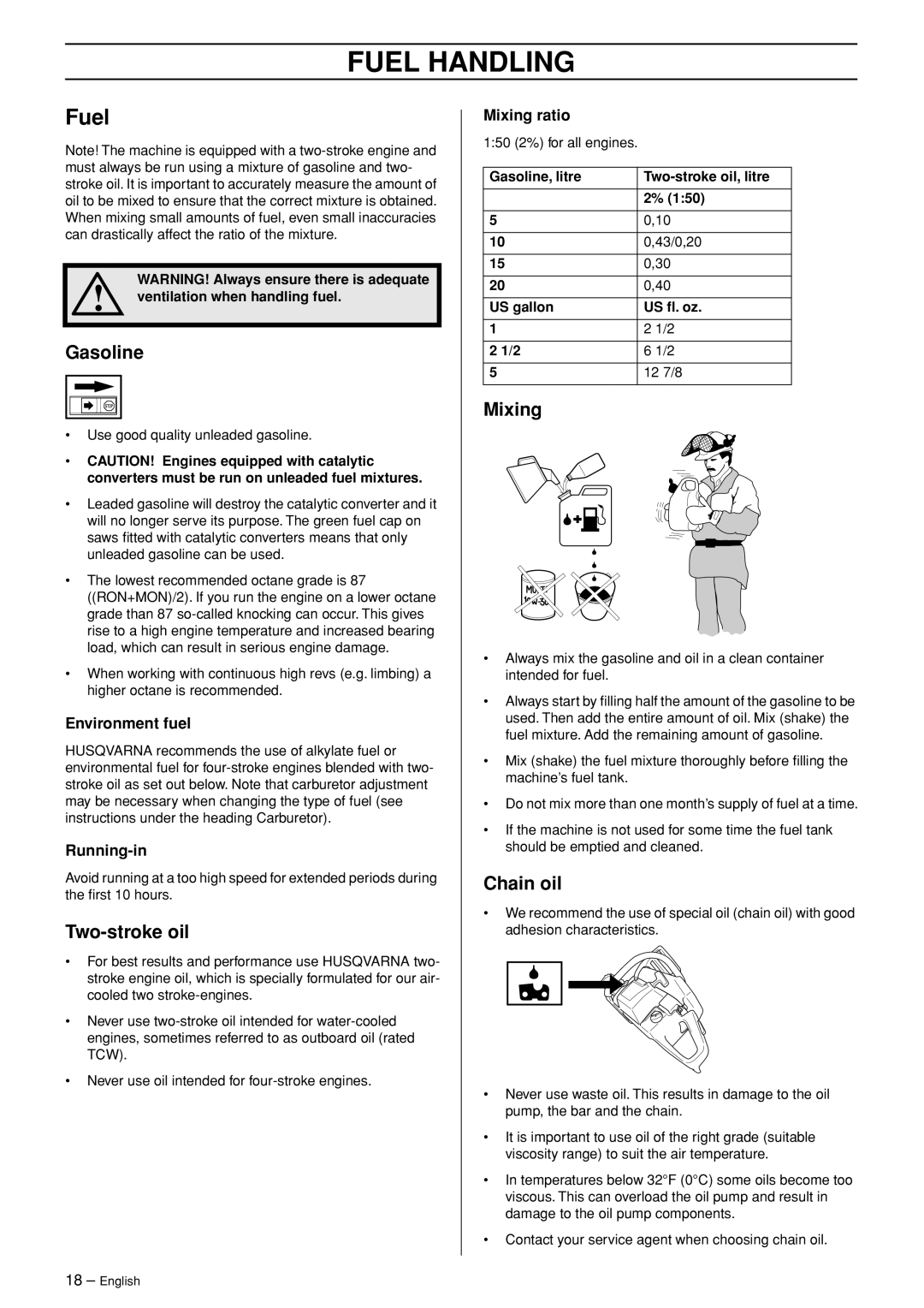 Husqvarna 365 EPA I, 372XP EPA II manual Fuel Handling 