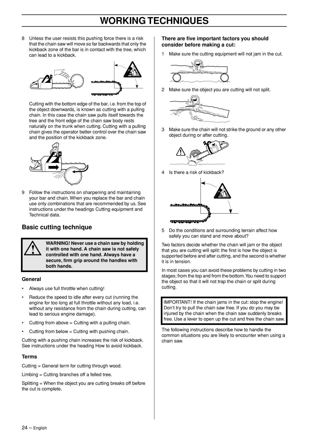 Husqvarna 365 EPA I, 372XP EPA II manual Basic cutting technique, General, Terms 