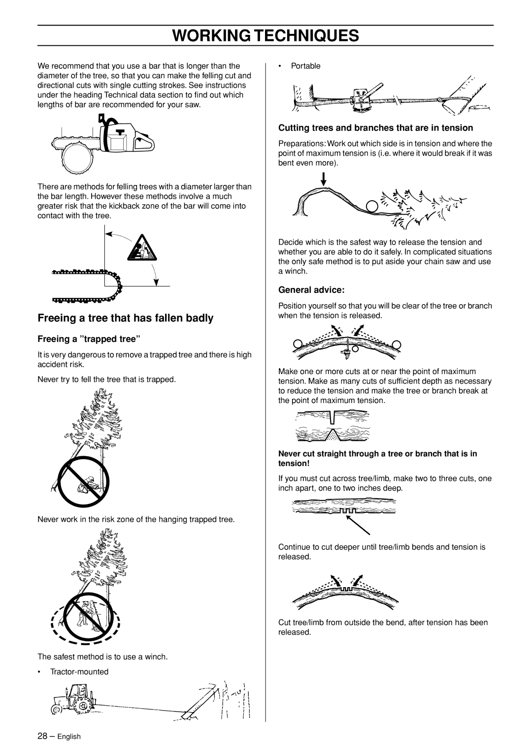 Husqvarna 365 EPA I, 372XP EPA II manual Freeing a tree that has fallen badly, Freeing a trapped tree, General advice 